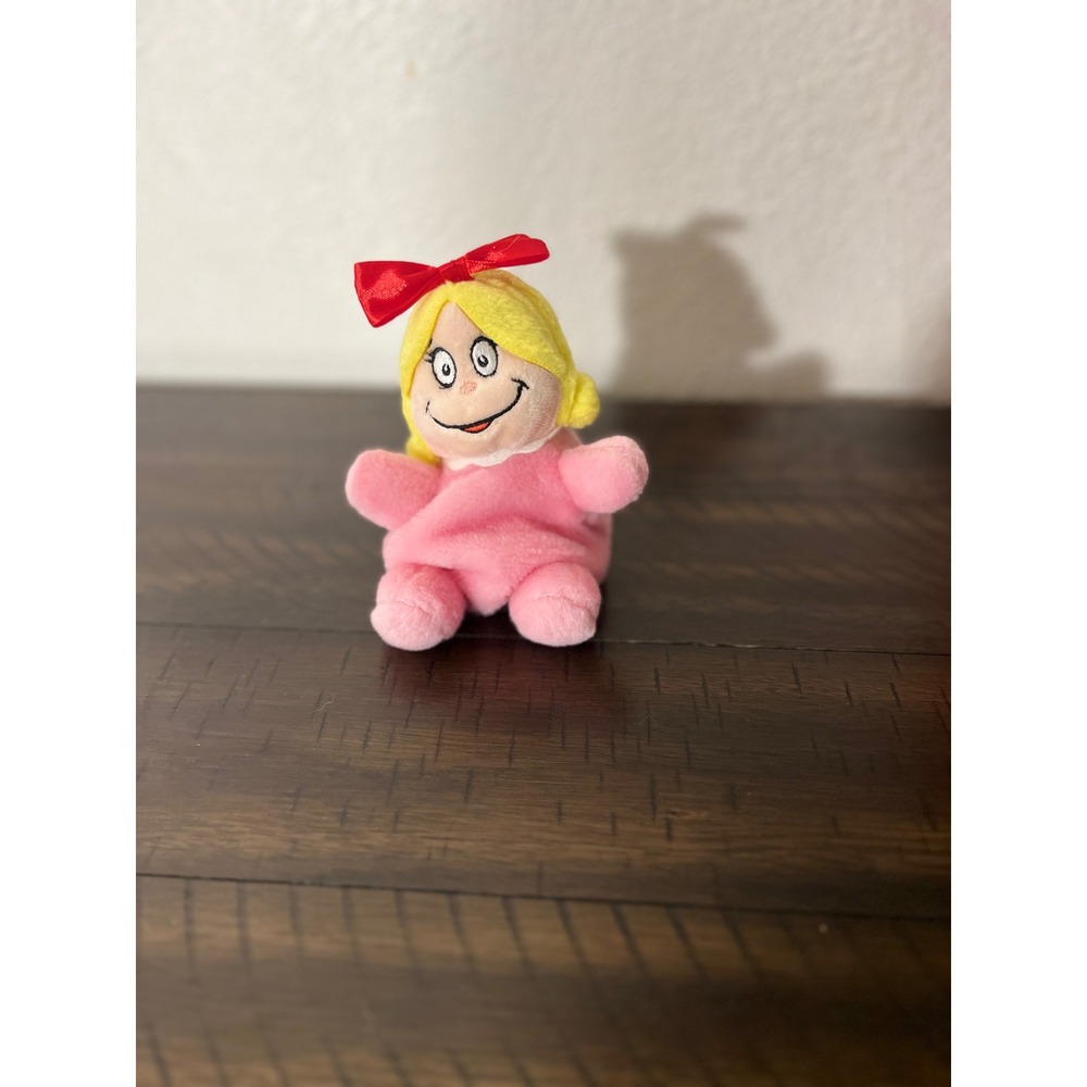 Aurora Dr Seuss Cindy Lou Who Plush Finger Puppet Pink Yellow Red Bow Toy